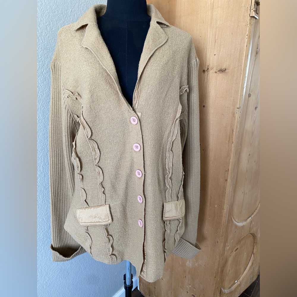 Elegant Tan Cardigan with Pink Accents